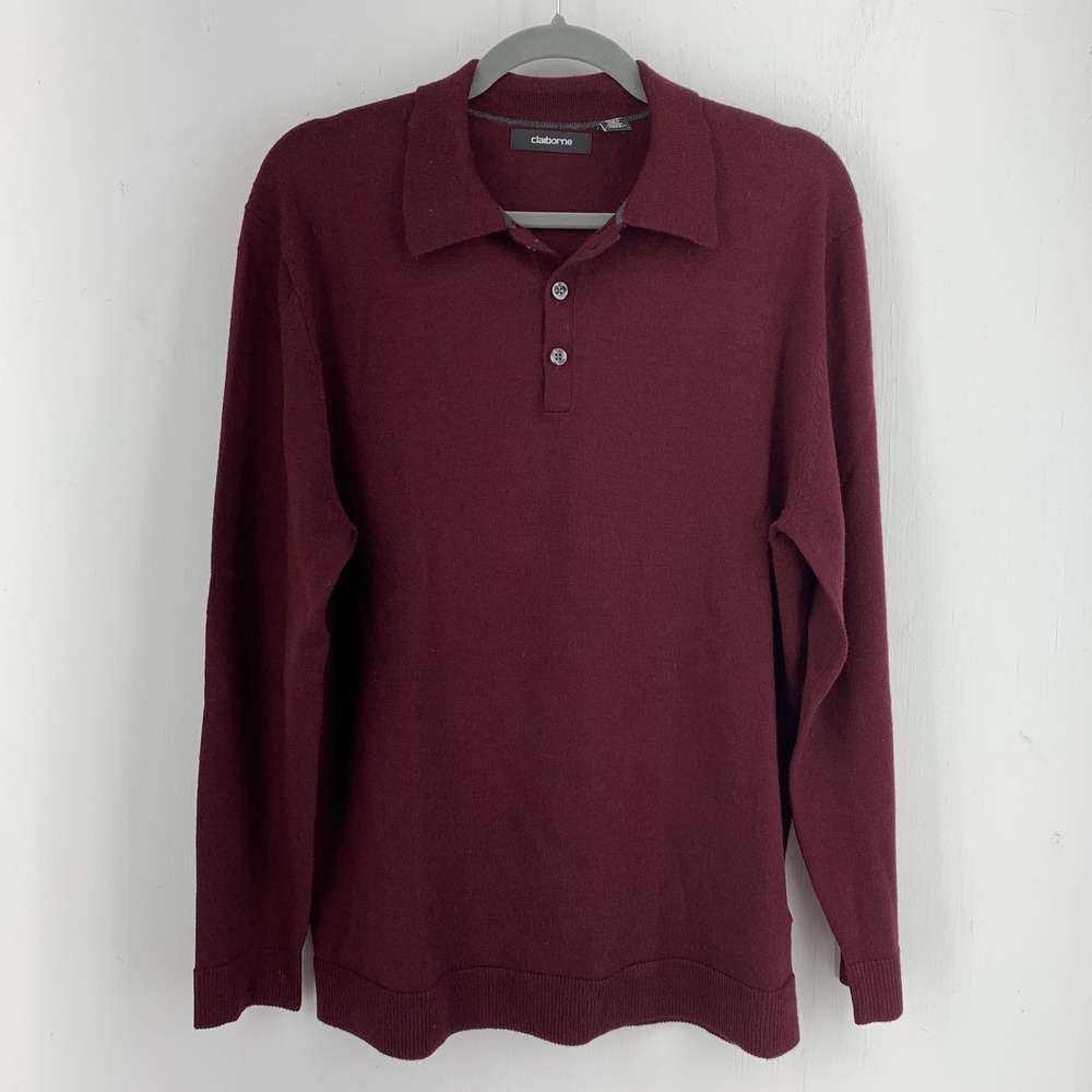 Claiborne Mens Medium Merino Wool Long Sleeve Polo Sweater Dark Academia Preppy